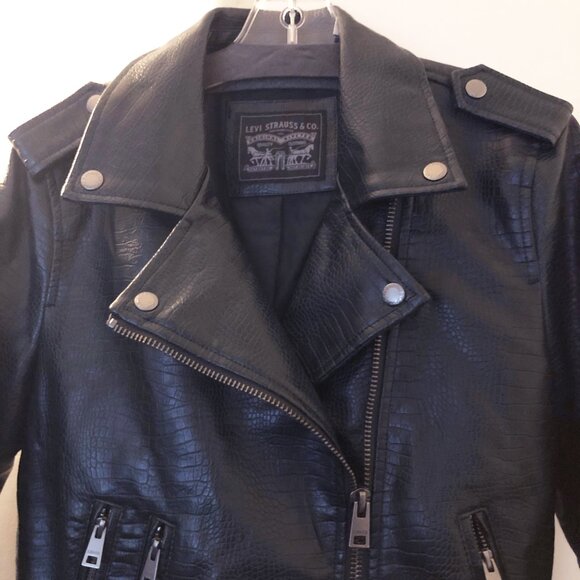 LEVI’S MOTO JACKET PYTHON SNAKESKIN FAUX-LEATHER BELTED HEM INDIGO BLUE M NWT - Picture 3 of 12